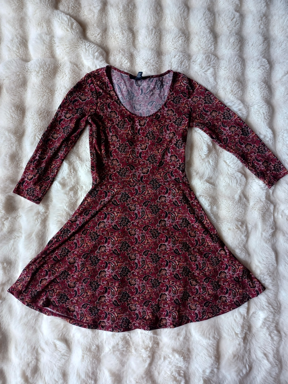 Forever 21 Burgundy Paisley Long Sleeve Fit & Flare Dress
